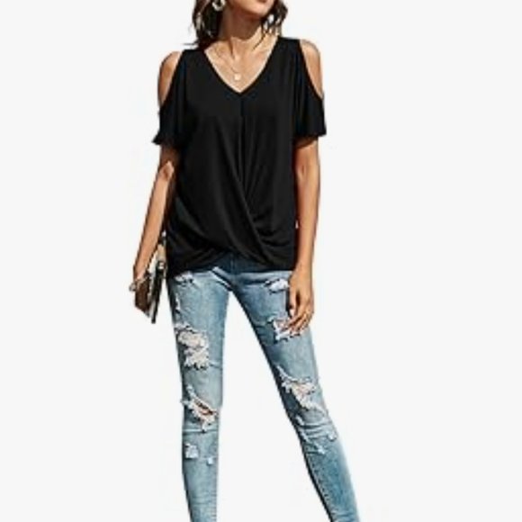 Sz M Black Yeahill Womens Cold Shoulder Top Short Sleeve Front Twist Stretch Nwt - Picture 5 of 8